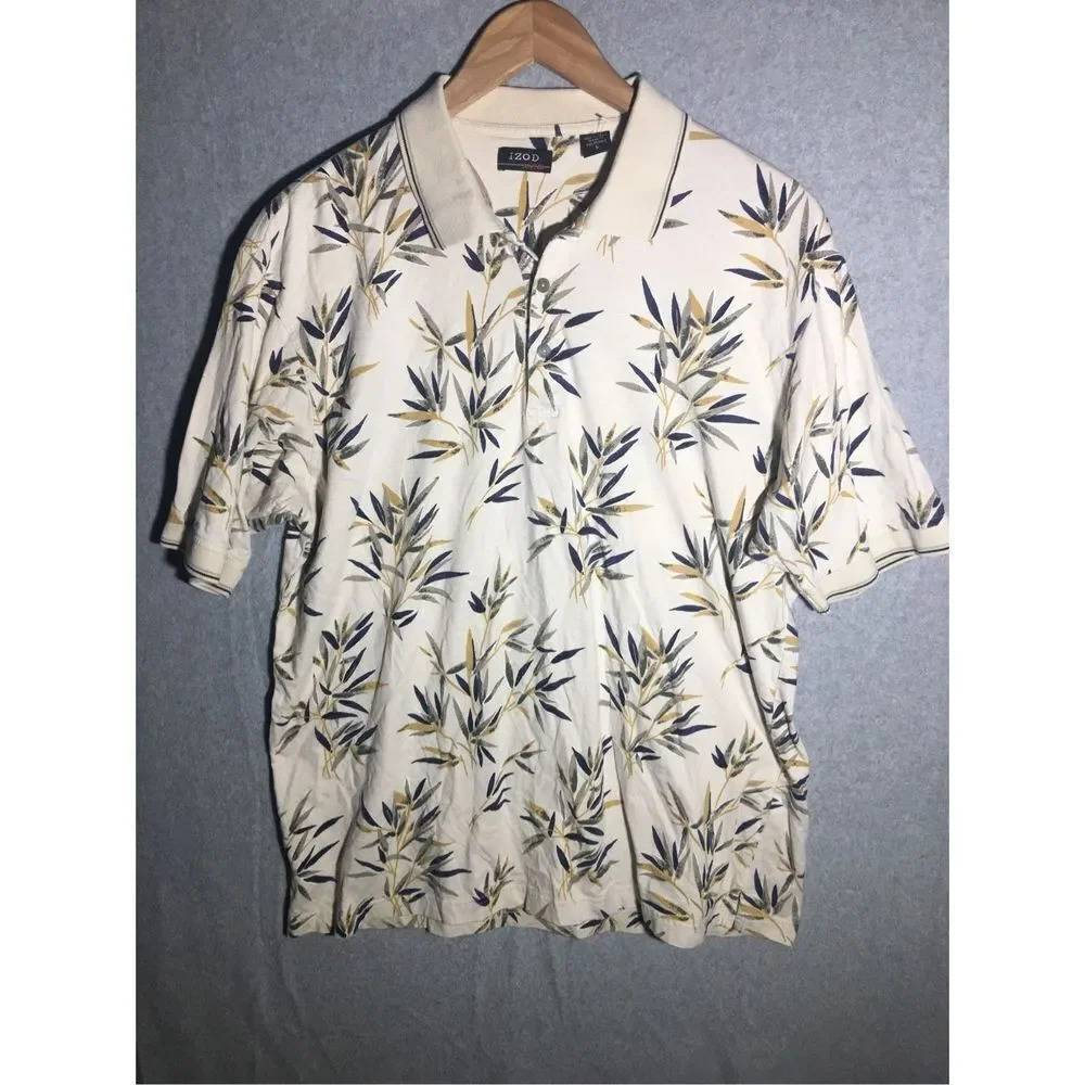 Mens Izod Polo Beachy Leaves Neutral Closet staple Basic Classic Cotton